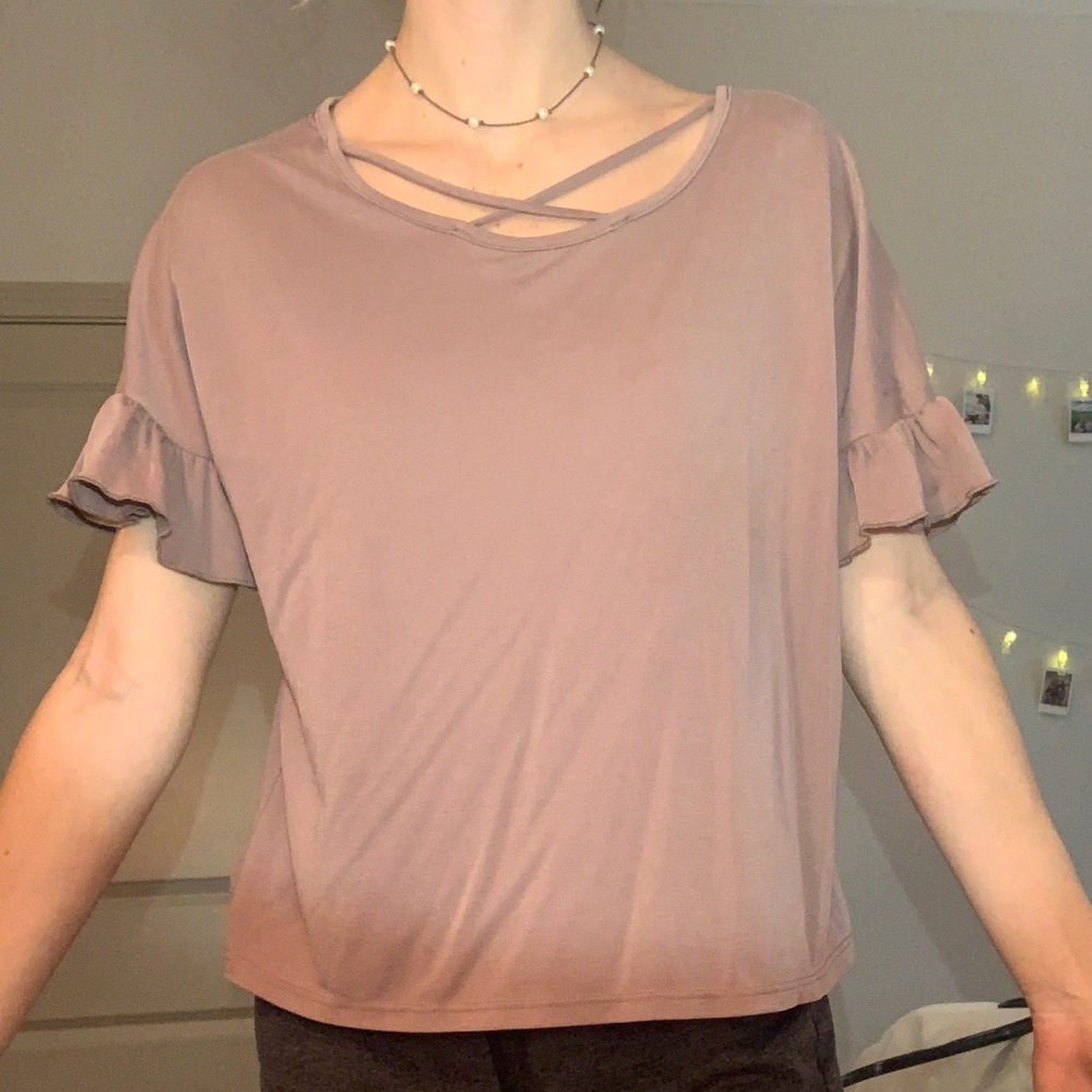 Lavender Blouse Ruffled Sleeve Criss Cross Chest
